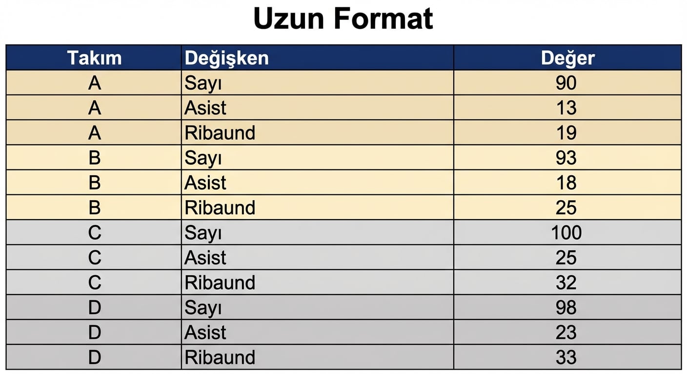 Takım ve Değişken adlı iki kategorik sütun ve Değer adlı bir sayısal sütun içeren uzun bir veri kümesi.