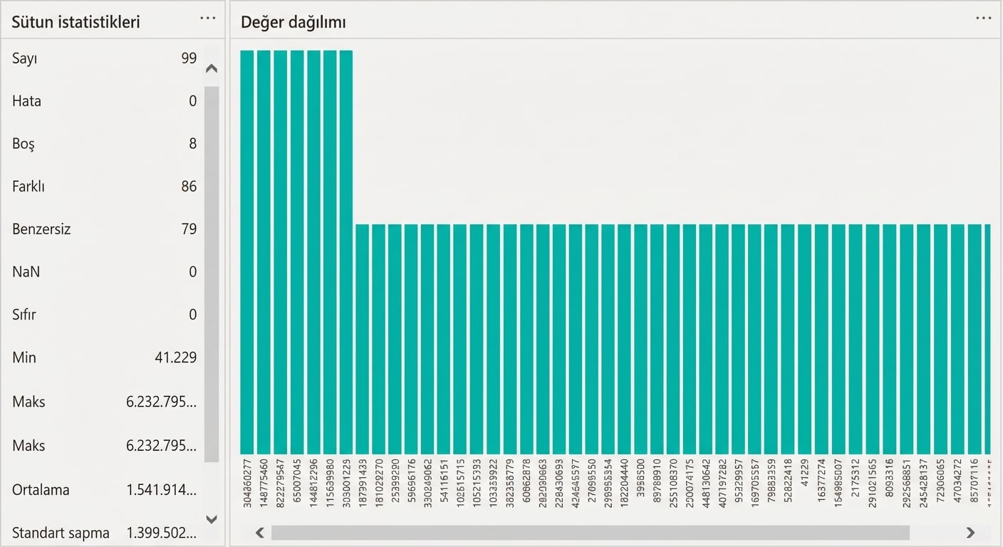 Sütun dağılımı özelliğinin çıktısını gösteren bir ekran görüntüsü.