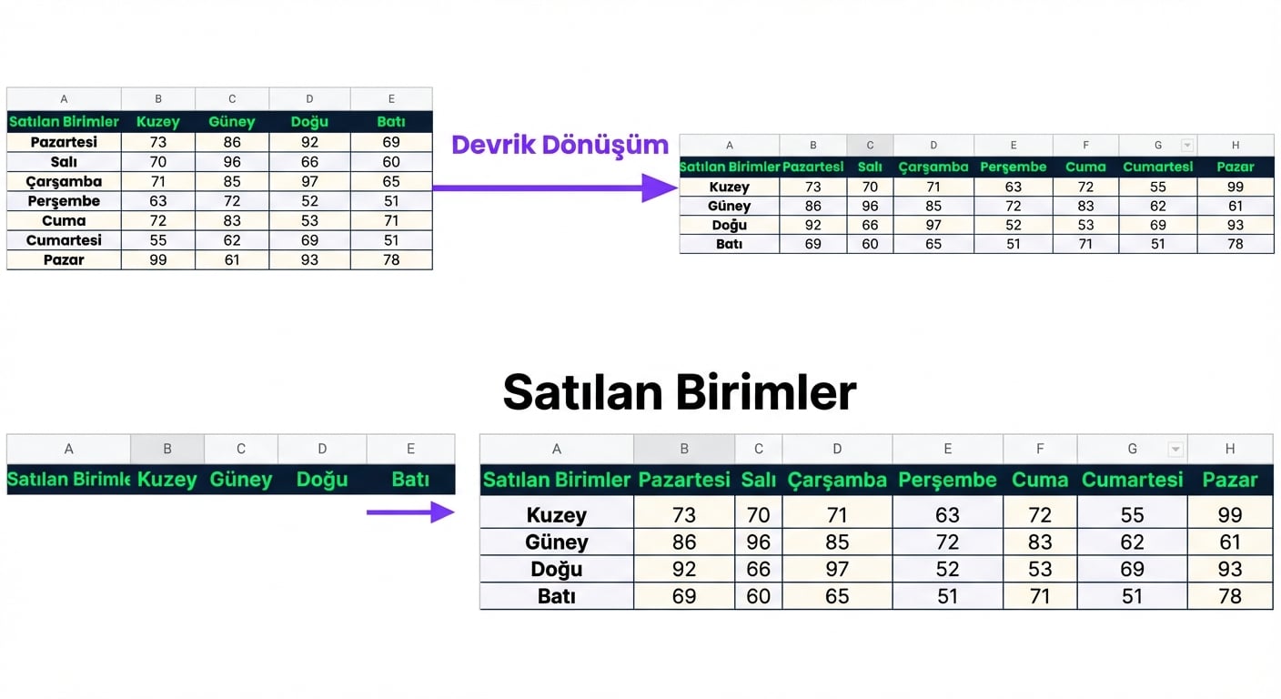 İlk sütunda gün adları, diğer sütunlarda Kuzey, Güney, Doğu ve Batı bölgelerinde satılan birim sayıları olan bir tablo. Transpoze edildikten sonra ilk sütunda Kuzey, Güney, Doğu ve Batı; diğer sütunlarda haftanın günlerine göre satılan birimler yer alır.