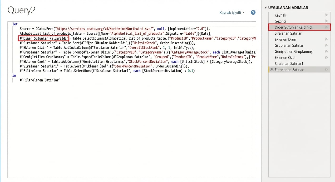 Gelişmiş düzenleyicinin, Power Query Uygulanan Adımlar bölmesi yanında ekran görüntüsü. Gelişmiş düzenleyicideki adımlar doğrudan Uygulanan Adımlar ile bağlantılıdır.