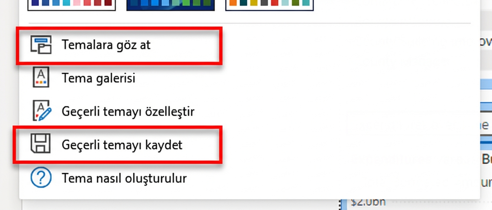 Özel temalar için içe ve dışa aktarma seçenekleri.