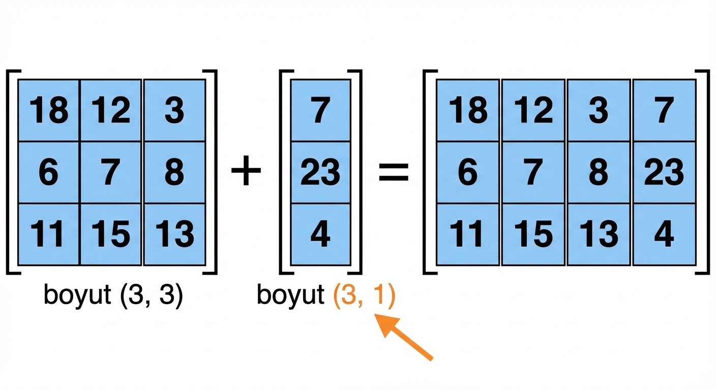 Şekil ve boyut açısından uyumlu olan 3x3 bir dizi ve 3x1 bir dizi