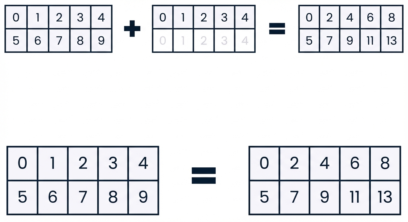 Şekli (2, 5) olan bir dizinin yine şekli (2, 5) olan bir diziyle toplanması