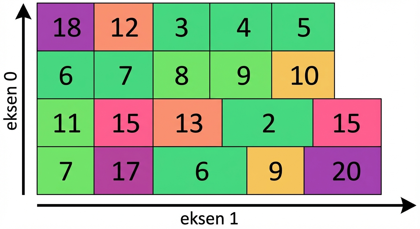 Sıfır ekseninin satırlar boyunca, birinci eksenin sütunlar boyunca yönü gösteren grafik
