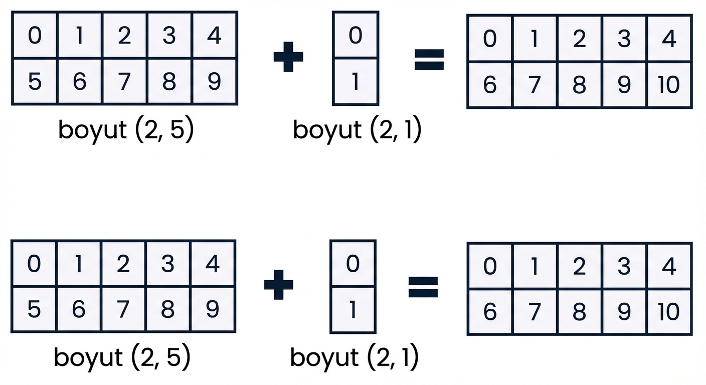 Şekli (2, 5) olan bir dizi ile şekli (2, 1) olan bir dizinin toplanması
