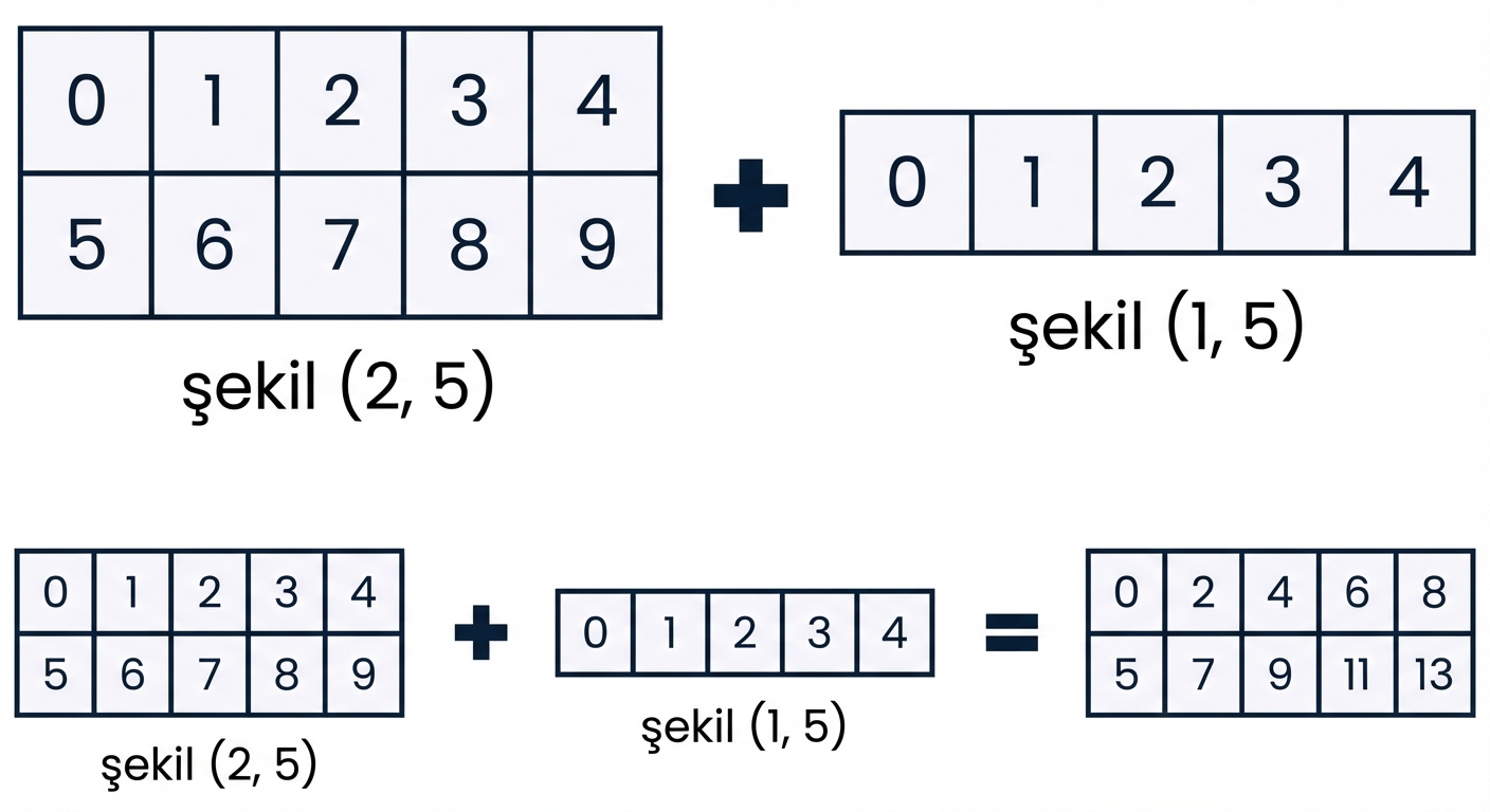 Şekli (2, 5) olan bir dizinin şekli (1, 5) olan bir diziyle toplanması