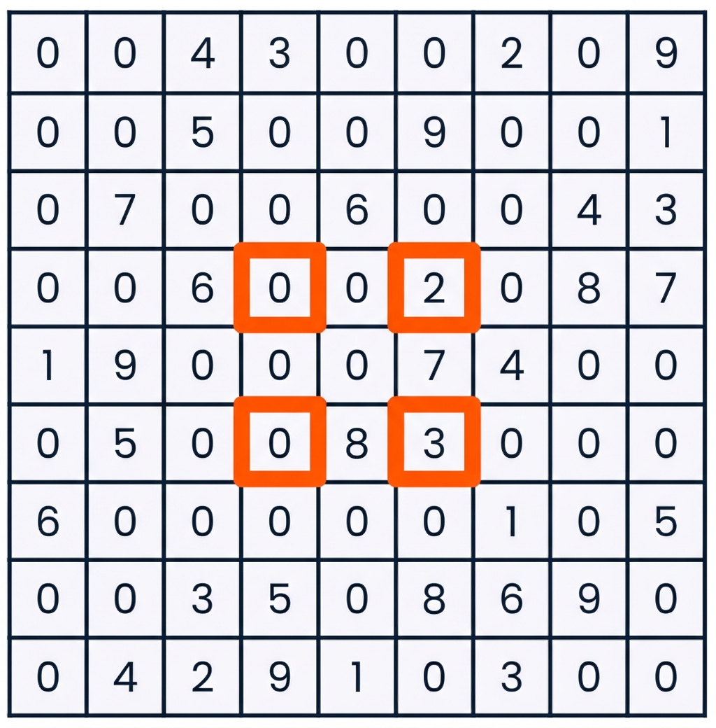 Sadece ortadaki dokuz kutunun köşeleri seçili bir sudoku oyunu