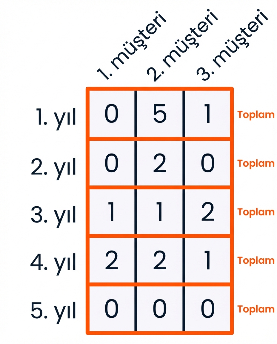 Her satır vurgulanmış ve her satırın sağında toplam sembolleri olan, dizinin satırlar boyunca toplandığını gösteren bir görsel