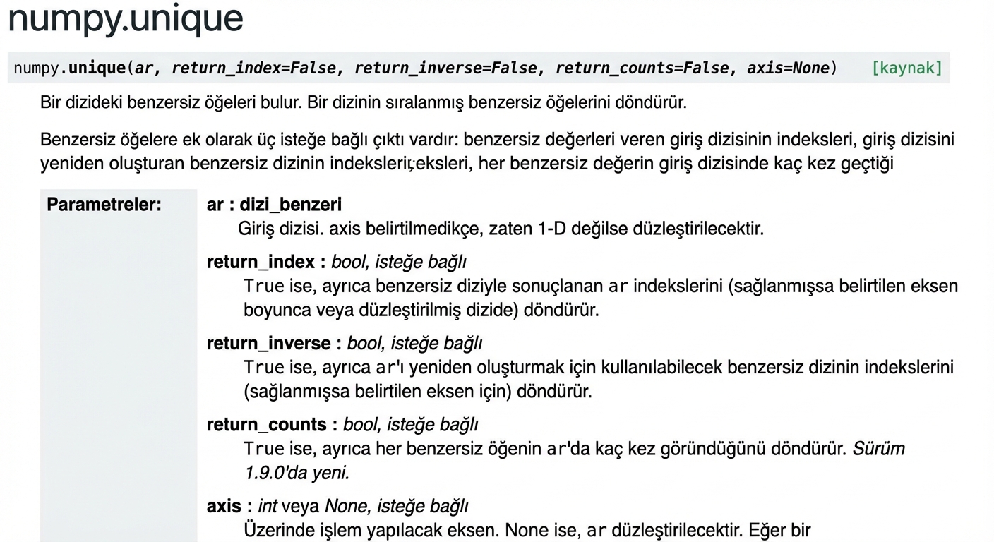 np.unique() için numpy.org dokümantasyonunun ekran görüntüsü