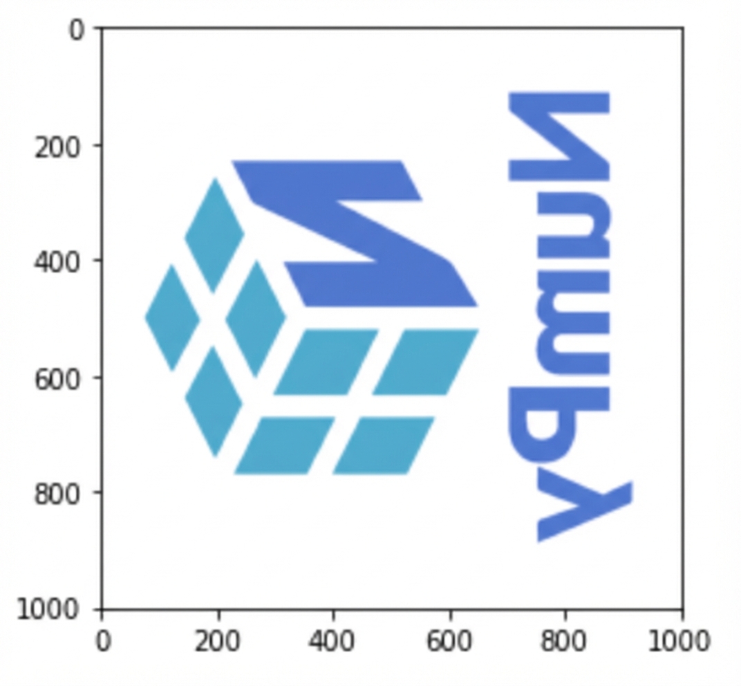Satır ve sütunları döndürülmüş, aynalanmış ve yan duran NumPy logosu