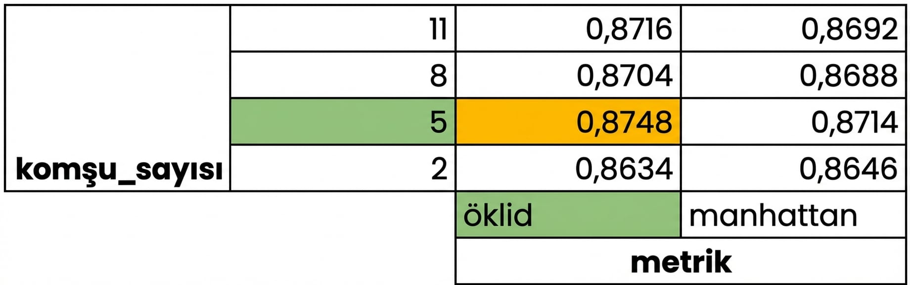 5 komşu ve öklidyen metrik vurgulu, puan 0.8748