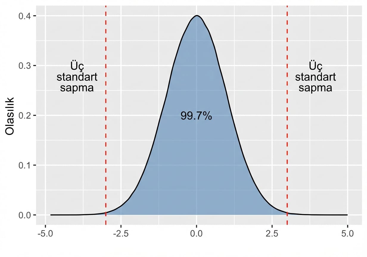 Artı eksi üç standart sapma arasındaki alanın %99,7 olarak etiketlendiği normal dağılım.png