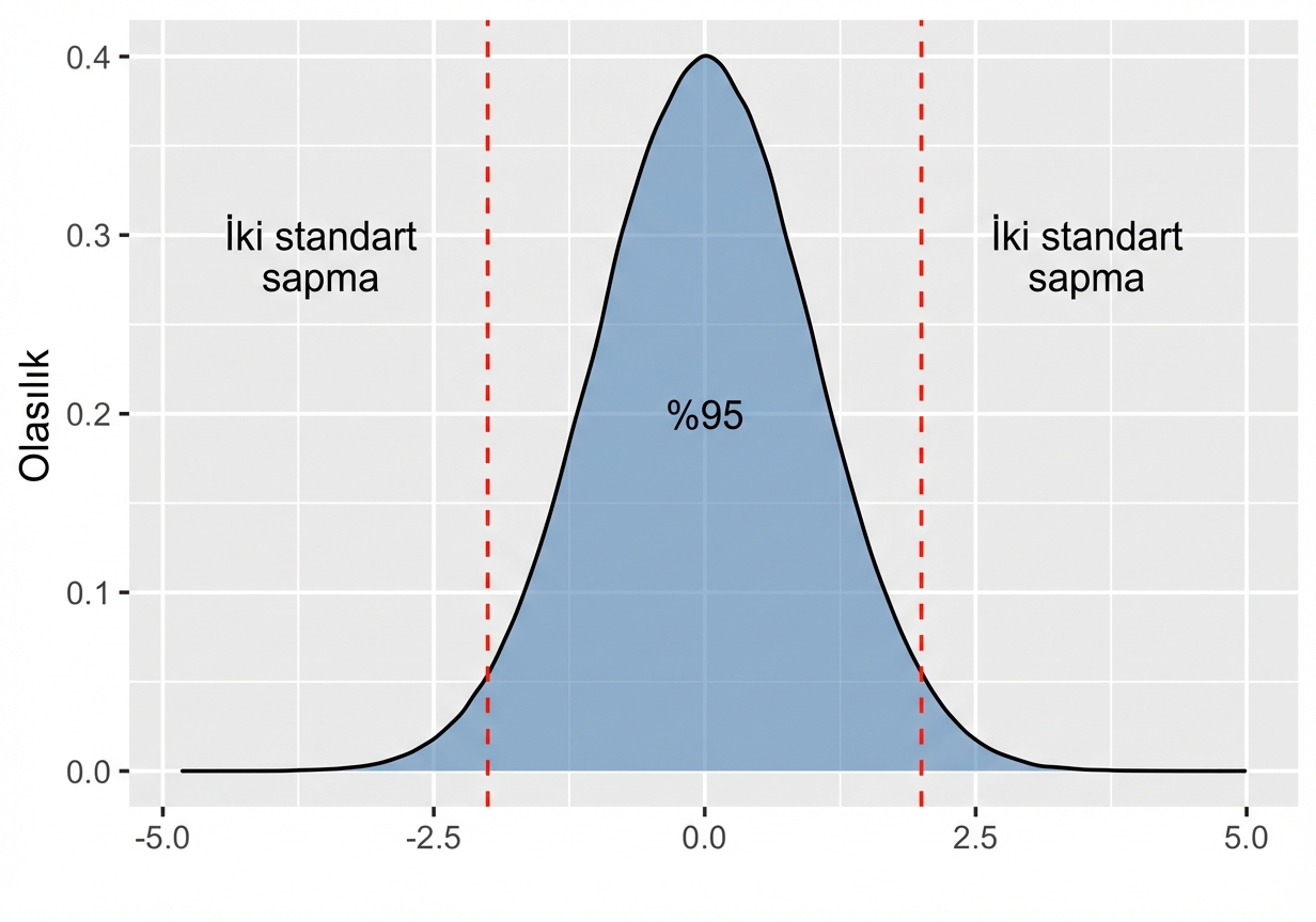 Artı eksi iki standart sapma arasındaki alanın %95 olarak etiketlendiği normal dağılım.png