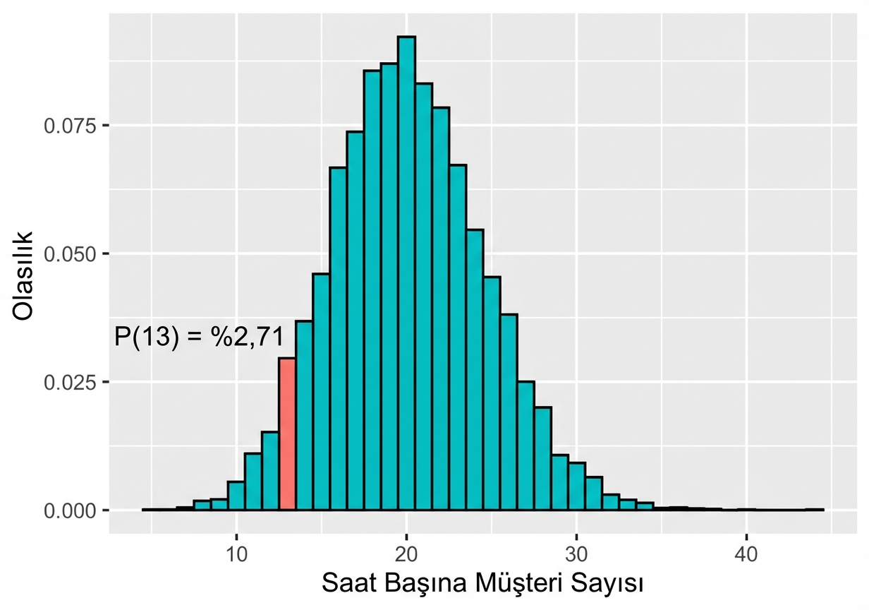 lambda 20 için Poisson dağılımı ve 13 olasılığı = yüzde 2,71