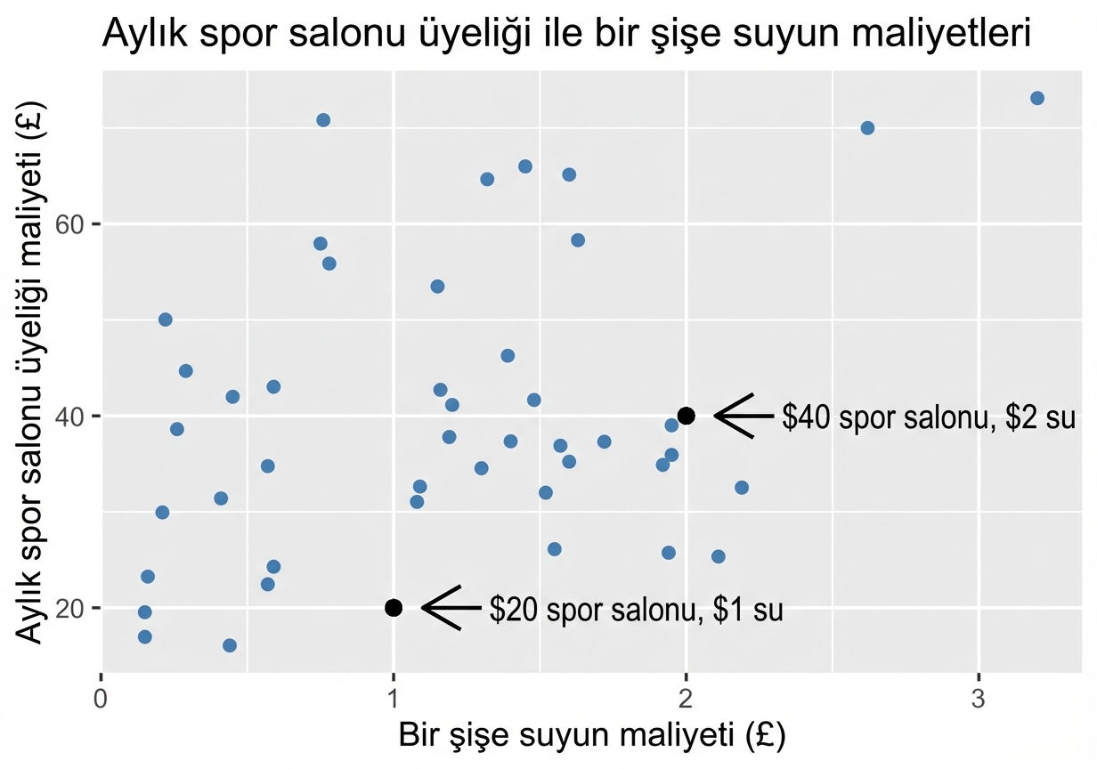1 dolar su ve 30 dolar spor salonu ile 1,5 dolar su ve 45 dolar spor salonu gözlemleri ve korelasyon katsayısı eşittir 0,36 açıklamalı spor salonu vs. su maliyeti saçılım grafiği.png