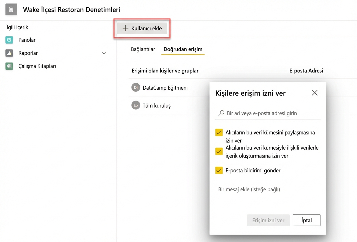 Bir kullanıcı veya grup için veri kümesi izinleri ekleme.