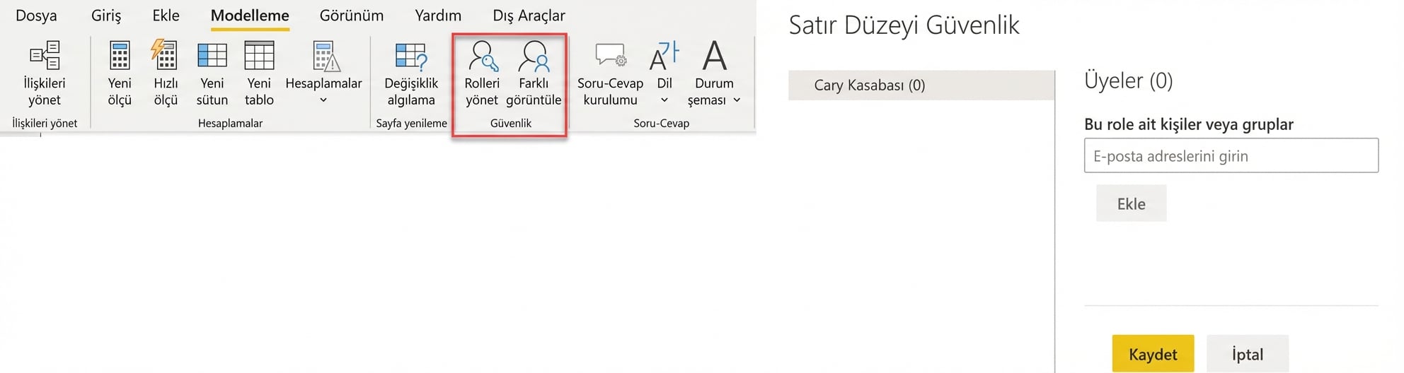 Power BI Desktop satır düzeyi güvenlikte rolleri tanımlamamıza, Power BI Service ise kullanıcı ve grupları rollere atamamıza olanak tanır.