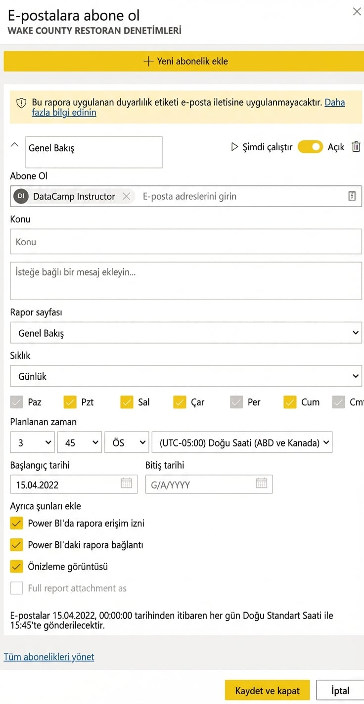 Rapor aboneliği oluşturma örneği