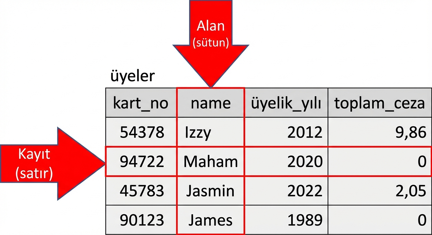 kayıtlar ve alanlar işaretlenen patrons tablosu