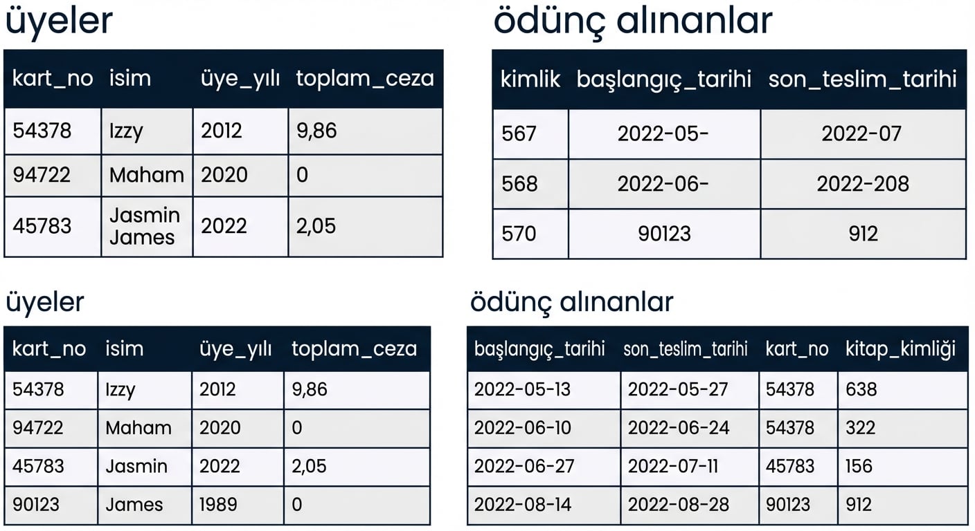 kütüphane veritabanından patrons ve checkouts tabloları