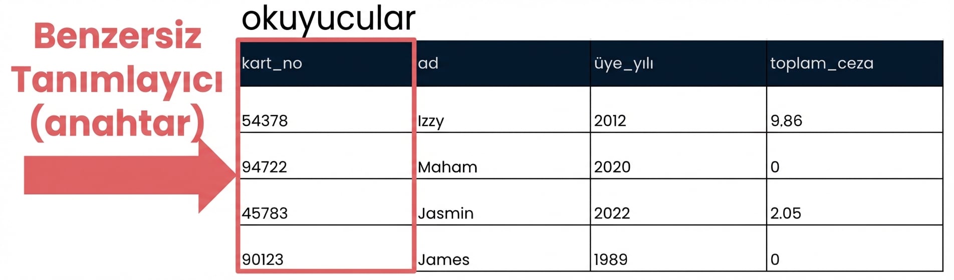 benzersiz tanımlayıcı olarak id alanı işaretlenen patrons tablosu