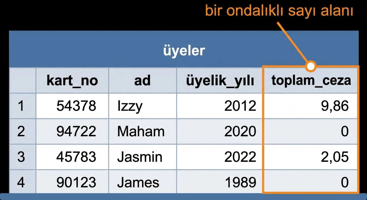 bir ondalık alan örneği olarak total_fine alanı vurgulanmış patrons tablosu