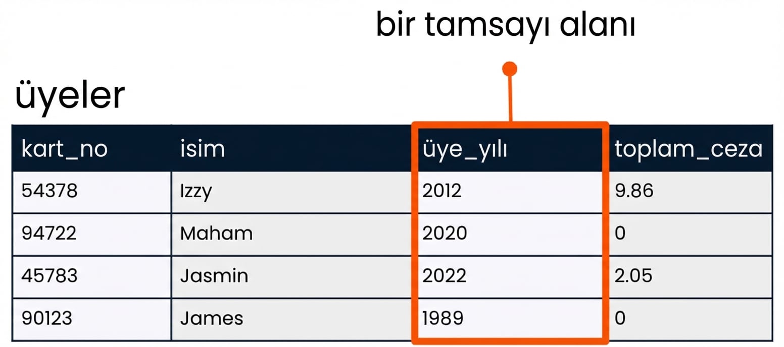 bir tamsayı alan örneği olarak member_year alanı vurgulanmış patrons tablosu