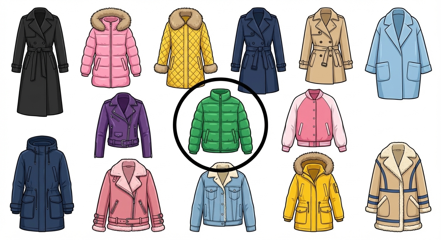 Çeşitli renklerde paltoların olduğu ve yeşil paltonun daire içine alındığı görsel