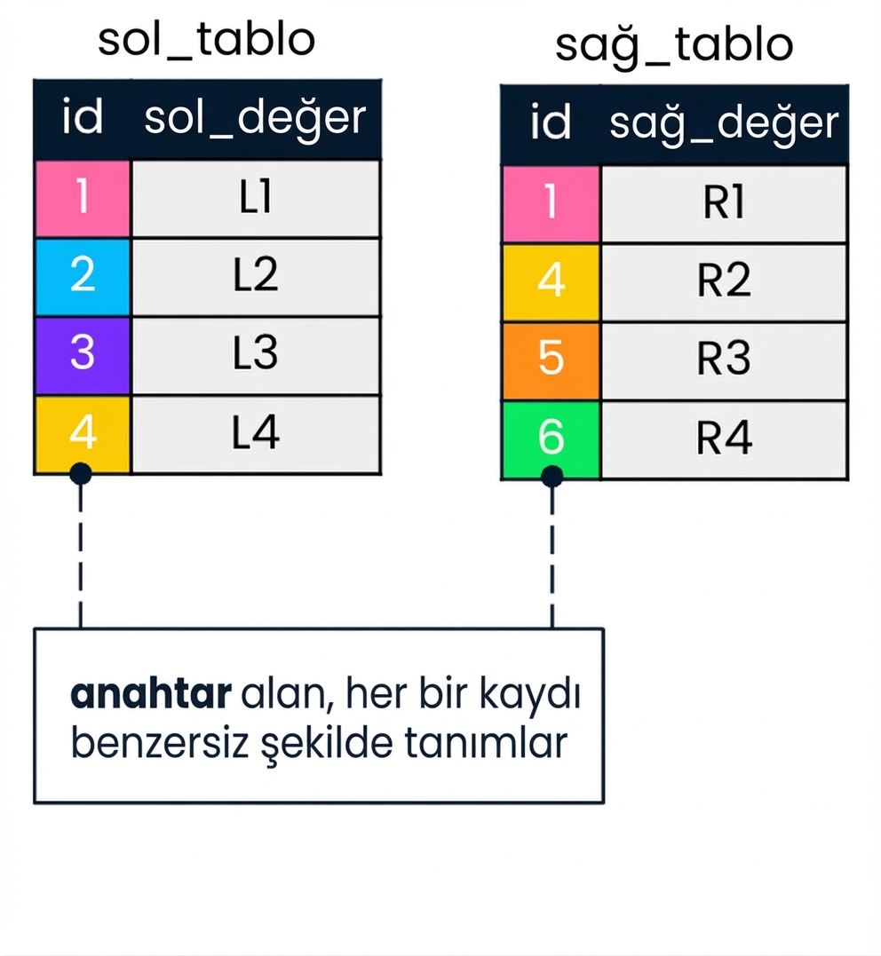 İki tabloyu gösteren bir diyagram: sol tablo ve sağ tablo. Sol ve sağ tablodaki eşleşen id değerleri aynı renklerle gösterilir.