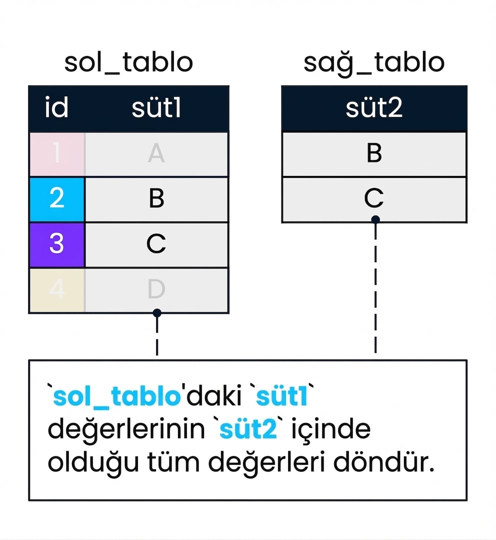Bir semi join’i göstermek için kullanılan iki tablo (left_table ve right_table). col2, col1’i filtrelemek için kullanılacaktır. left_table’da col1’in col2’de eşleşme bulamadığı kayıtlar soluklaştırılmıştır.