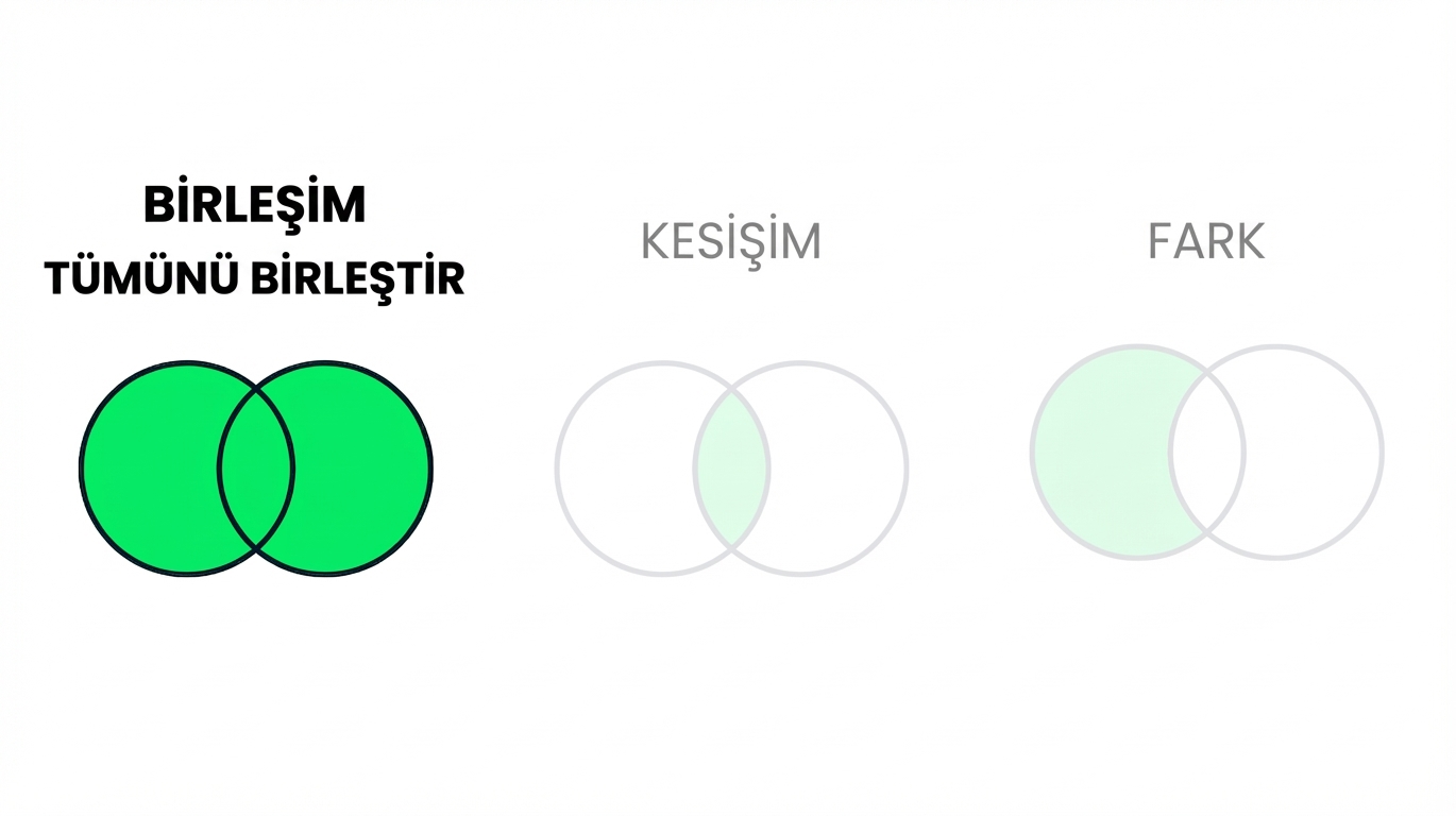 Üç Venn diyagramı gösterilir; ikisi soluk. Yalnızca UNION diyagramı odakta ve iki daire tamamen yeşil.