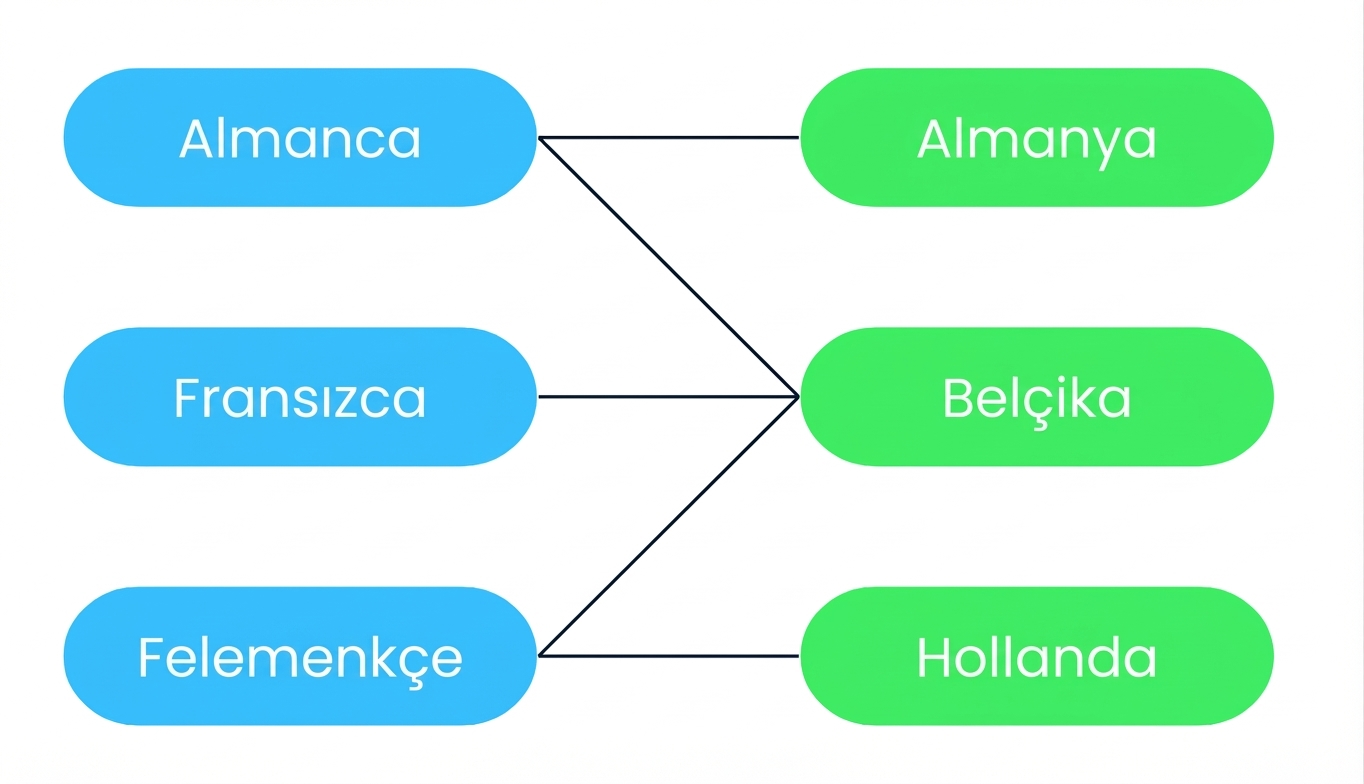 Birçok dilin birçok ülke ile, birçok ülkenin de bir dille ilişkilendirilebileceğini gösteren bir diyagram. Belçika’nın üç resmi dili vardır: Fransızca, Almanca ve Felemenkçe. Öte yandan diller birçok ülkede resmî olabilir: Felemenkçe Hollanda ve Belçika’da resmidir, Almanya’da değildir.