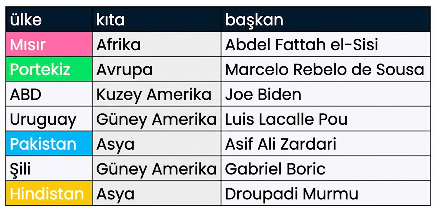Yan yana iki tablo: presidents ve prime_minister. Eşleşen sütunlar renklendirilmiş.
