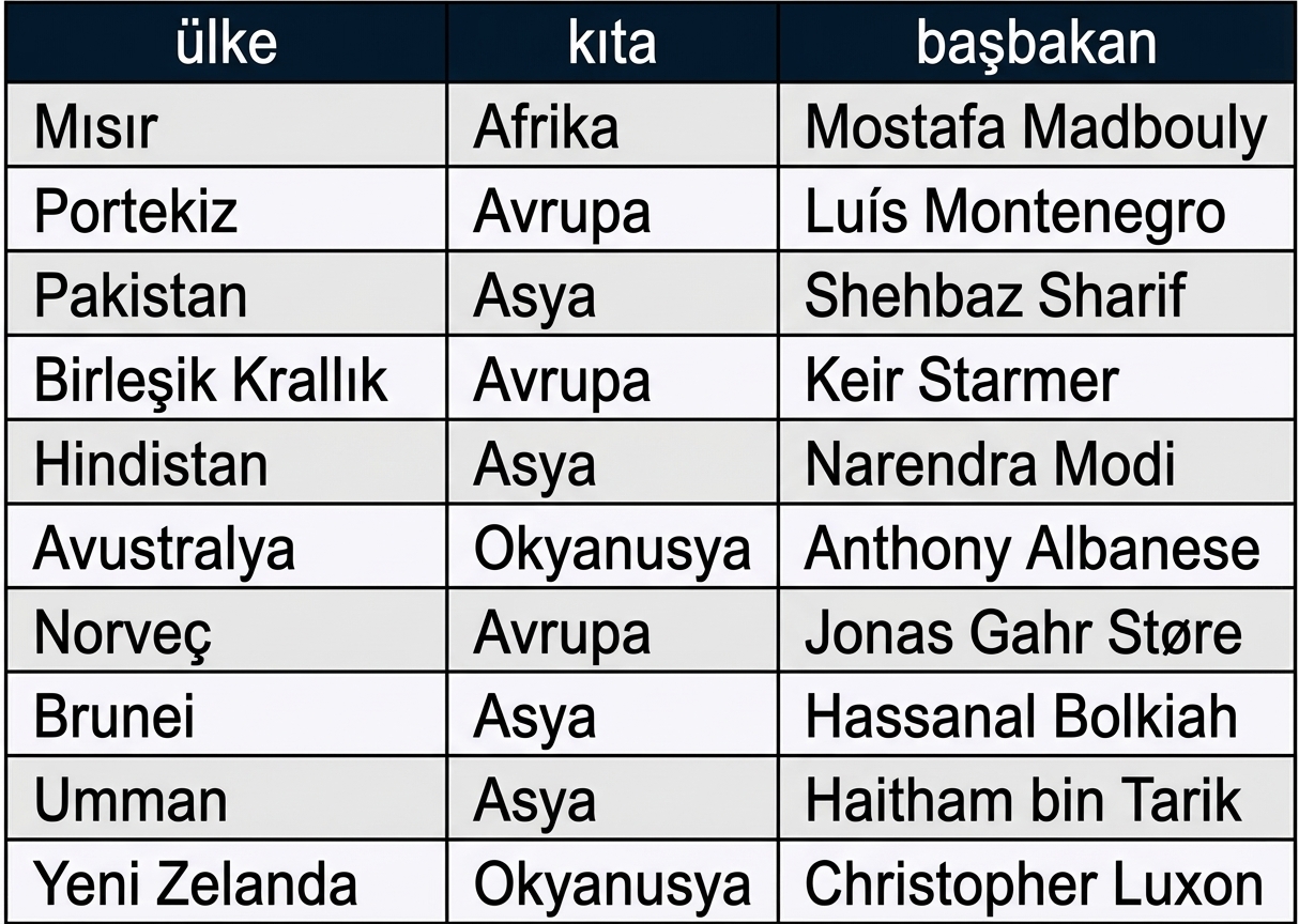 Liderlik veritabanındaki prime_ministers tablosu; üç sütun içerir: country, continent ve prime_minister.