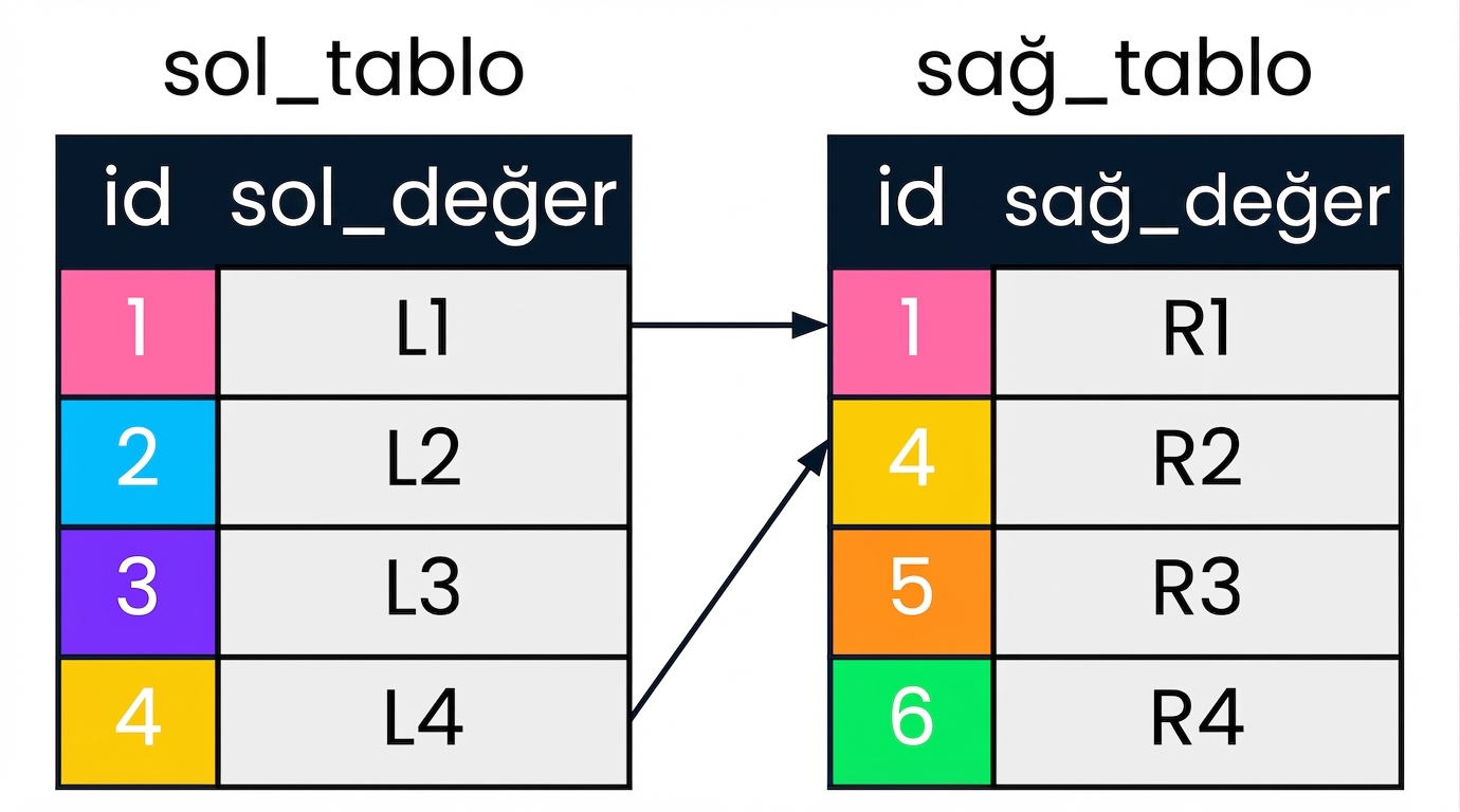 İki tabloyu gösteren bir diyagram: left_table ve right_table. Her iki tablodaki eşleşen id değerleri aynı renklerle gösterilir ve oklarla bağlanır.