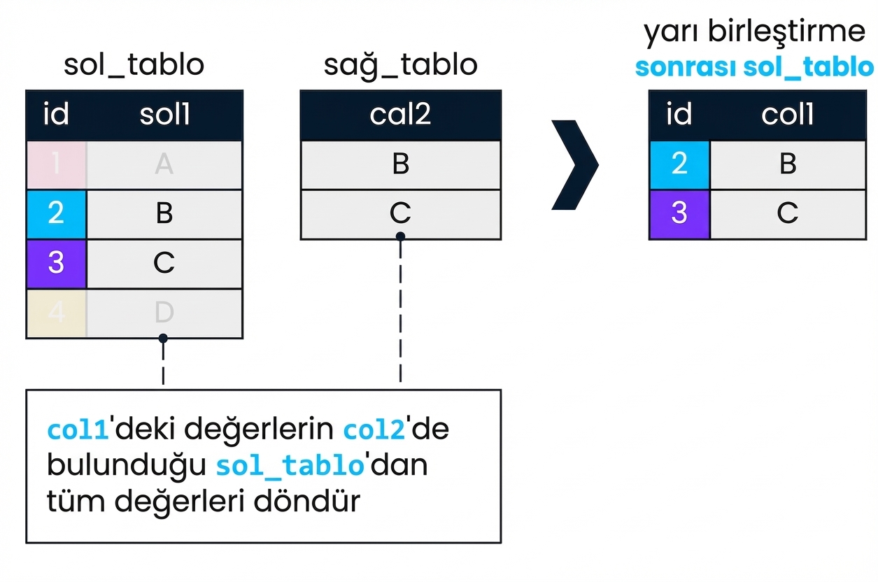 İki tabloyu (left_table ve right_table) gösteren bir diyagram. Sağda iki tablo üzerinde yapılan bir semi join sonucu var. Yalnızca left_table içindeki col1’in, col2’de eşleşme bulduğu kayıtlar döndürülür. Bunlar 2 ve 3 kimlikleridir.