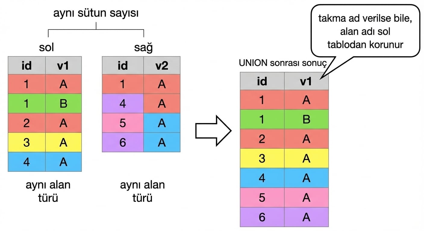 İki tabloyu gösteren bir diyagram: sol ve sağ. Diyagramın sağında, iki tabloya UNION uygulandığında ne olduğu gösterilir. Oklar, sol ve sağ tablonun aynı sayıda ve aynı türde sütun gerektirdiğini belirtir. Sağda sonuç kümesi gösterilir ve alan adının, takma ad verilse bile sağ tablodan korunduğu vurgulanır.