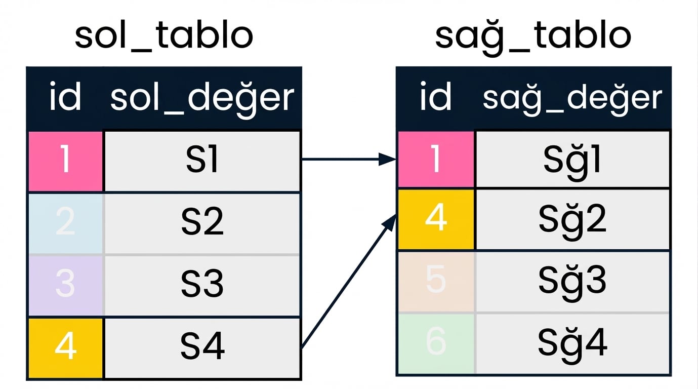 İki tabloyu gösteren bir diyagram: left_table ve right_table. INNER JOIN için ilgisiz kayıtlar soluklaştırılmıştır; eşleşen id değerleri aynı renklerle ve oklarla gösterilir.