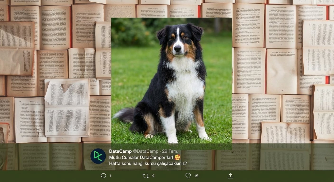 Bir köpek fotoğrafı, bir kitap koleksiyonu ve bir tweet