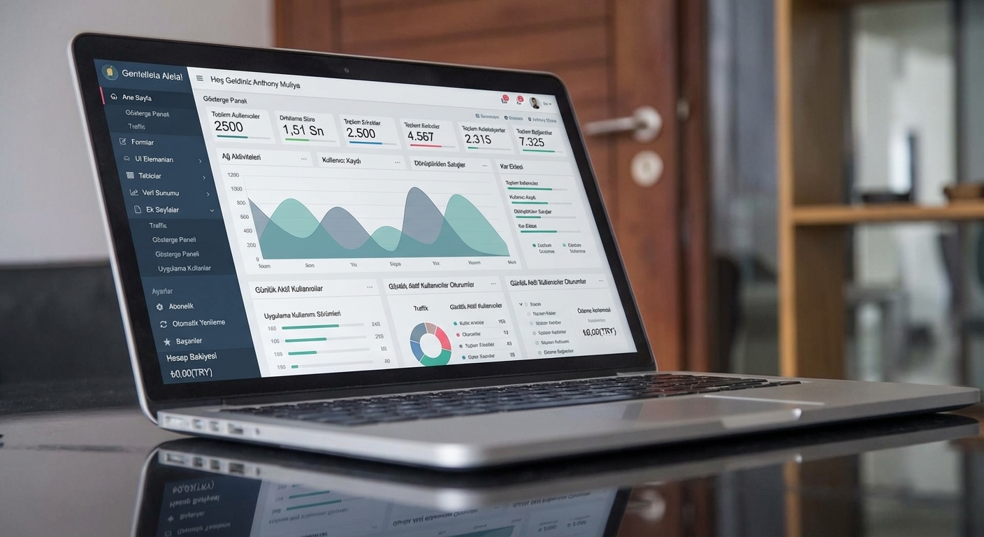 KPI ve grafikler içeren bir kontrol paneli gösteren dizüstü bilgisayar