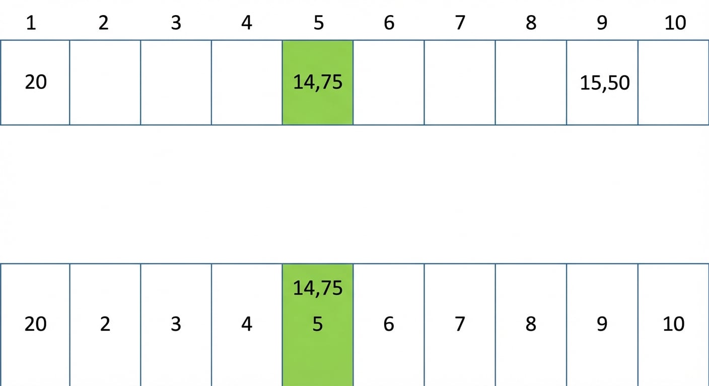 Bazı değerler içeren bir karma tablosunun şematik gösterimi. Beşinci konumdaki değer yeşil renkte.