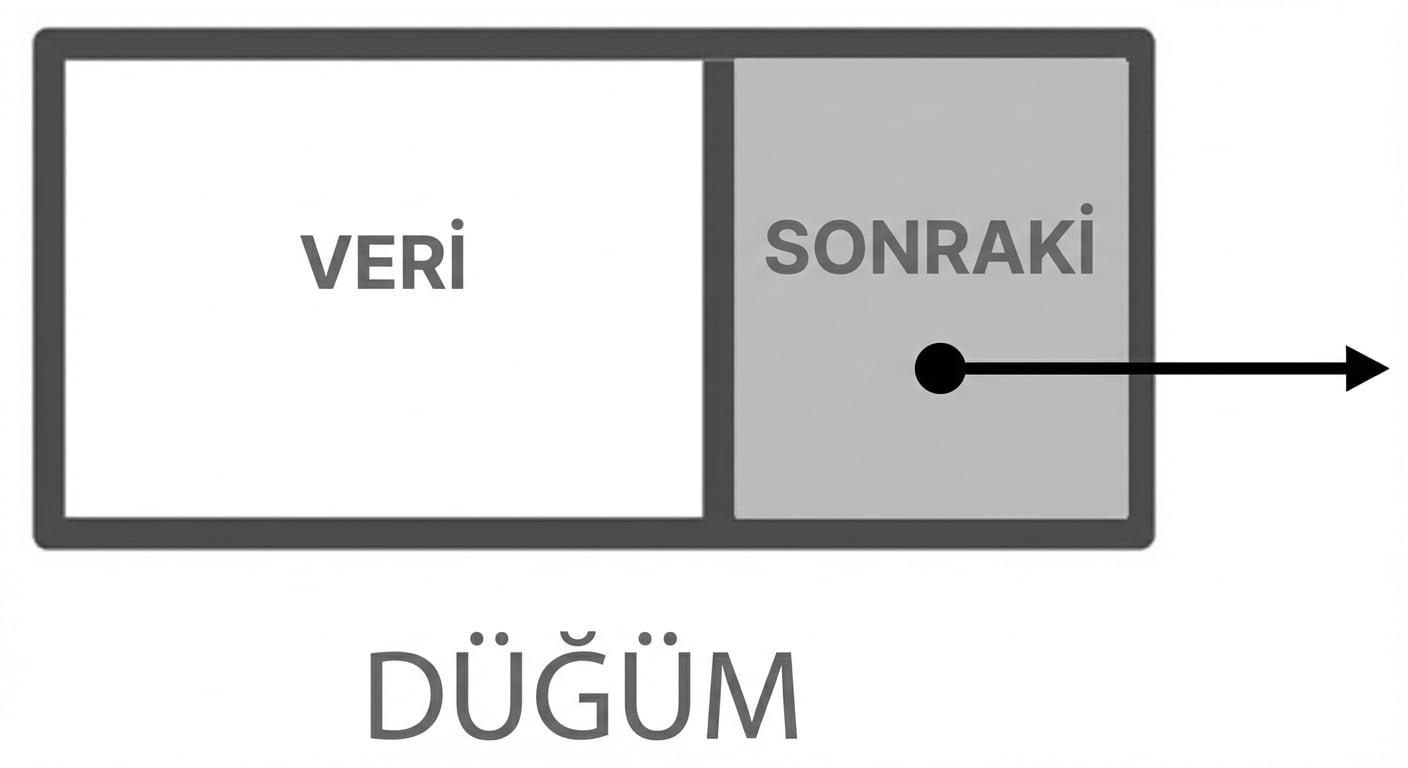 Bağlı listedeki bir düğümün gösterimi: ilk bölümde "DATA", ikinci bölümde işaretçiyle "NEXT".
