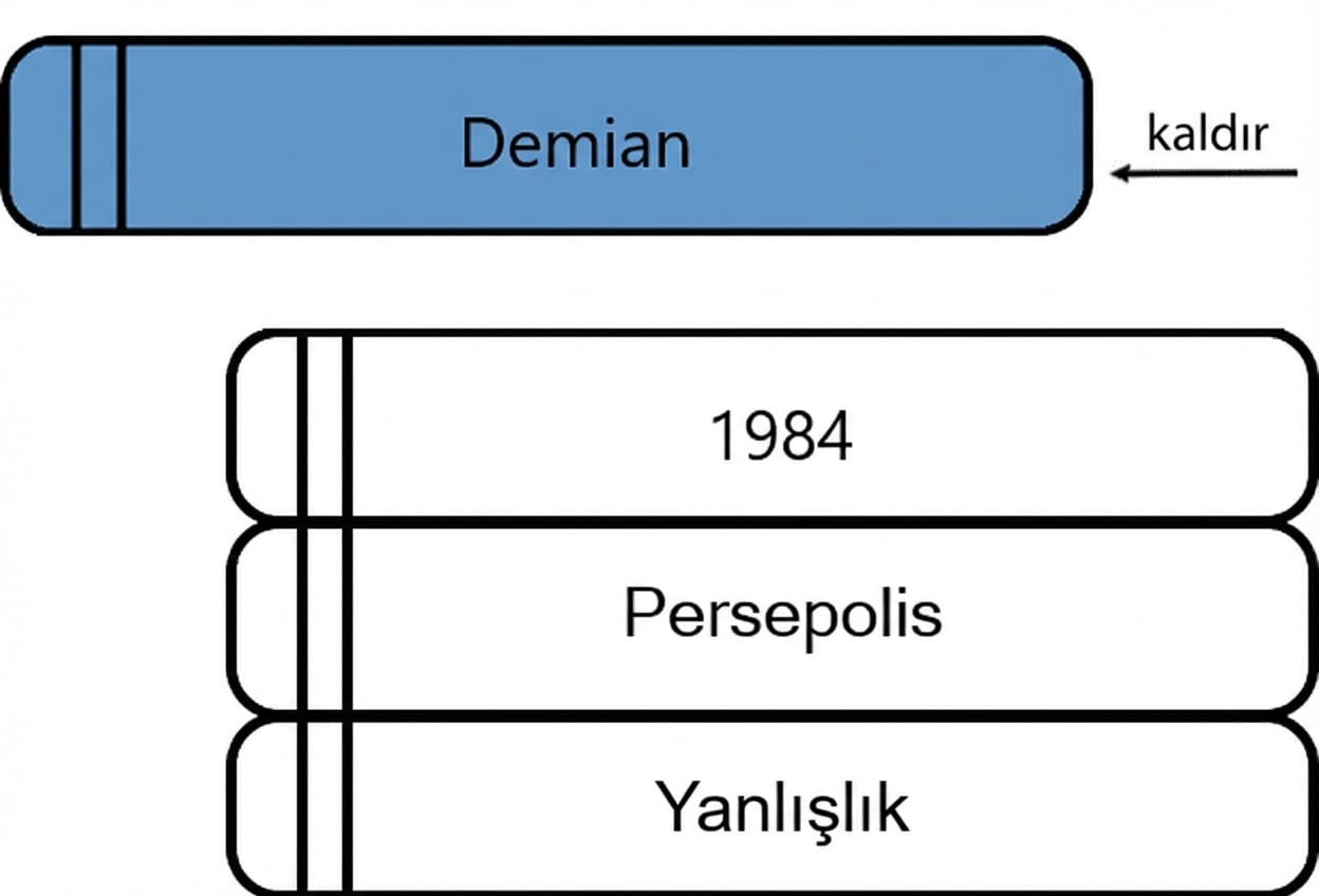 Üstten bir kitabın alındığı kitap yığını.