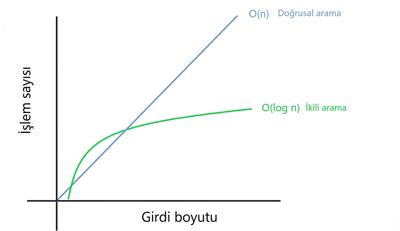 Doğrusal arama ve ikili aramanın grafiksel gösterimi.