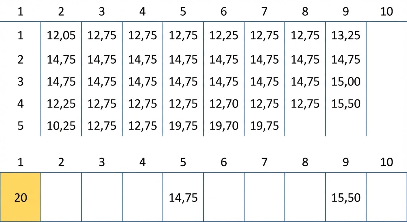 Bazı değerler içeren bir karma tablosunun şematik gösterimi. İlk konumdaki değer sarı renkte.
