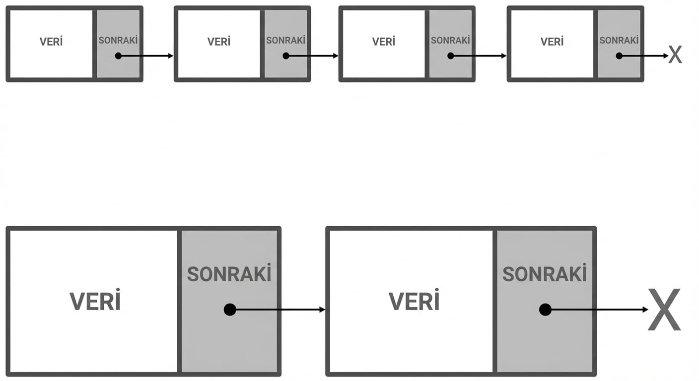 Son düğümü null'a işaret eden bir bağlı listenin gösterimi.