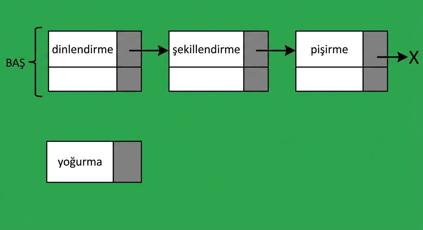 Tek bağlı bir liste ve yeni bir düğümün gösterimi,
