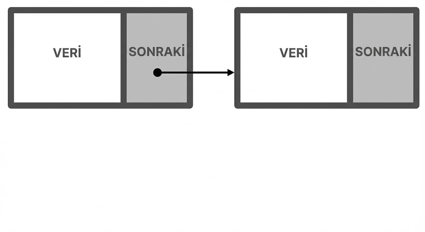 Bir bağlı listenin iki düğümünün bağlantıyla birbirine bağlandığı gösterim.