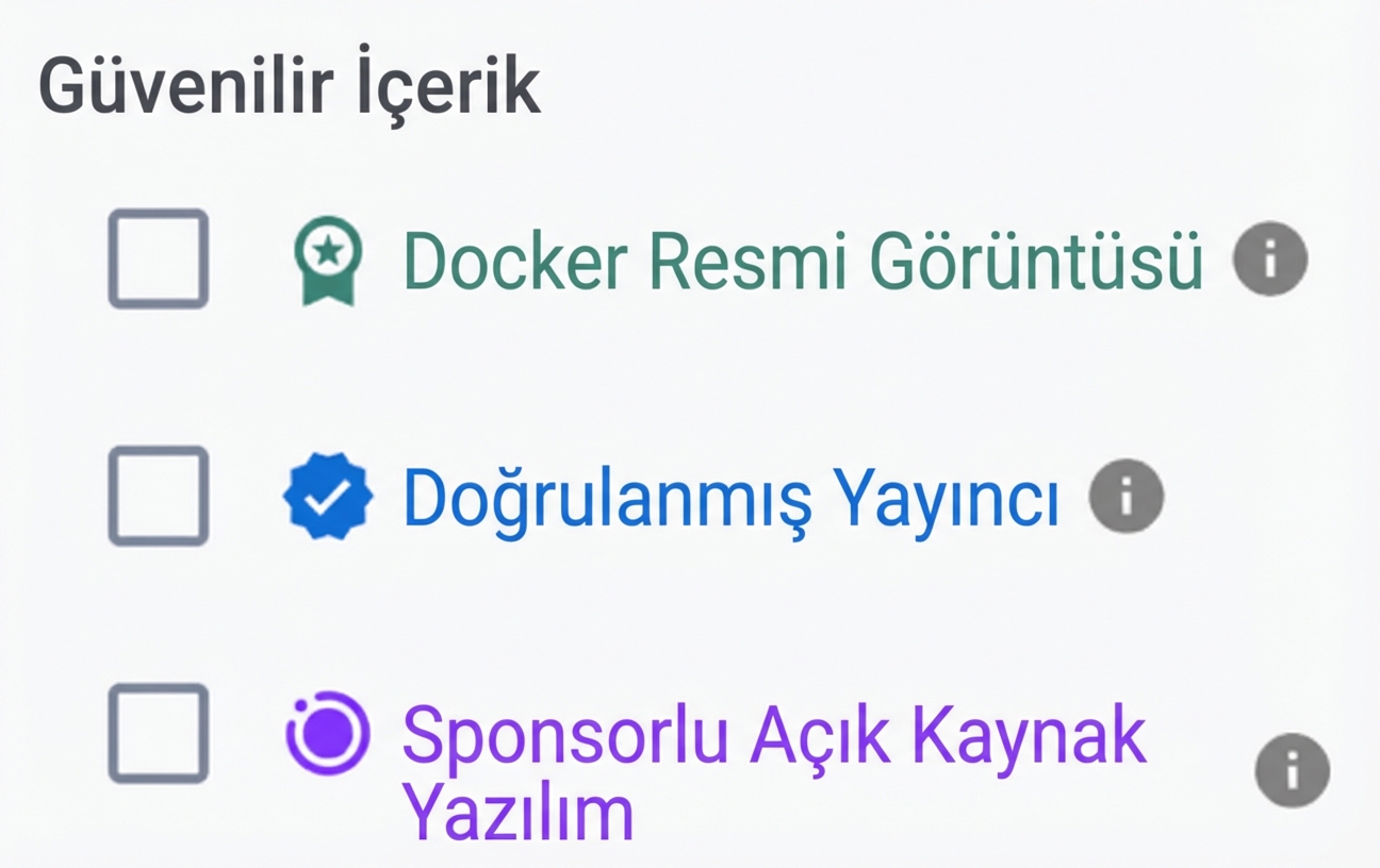 Docker Hub'da üç Güvenilir İçerik filtresi vardır: Docker Official Images, Verified Publisher images ve Sponsored OSS images