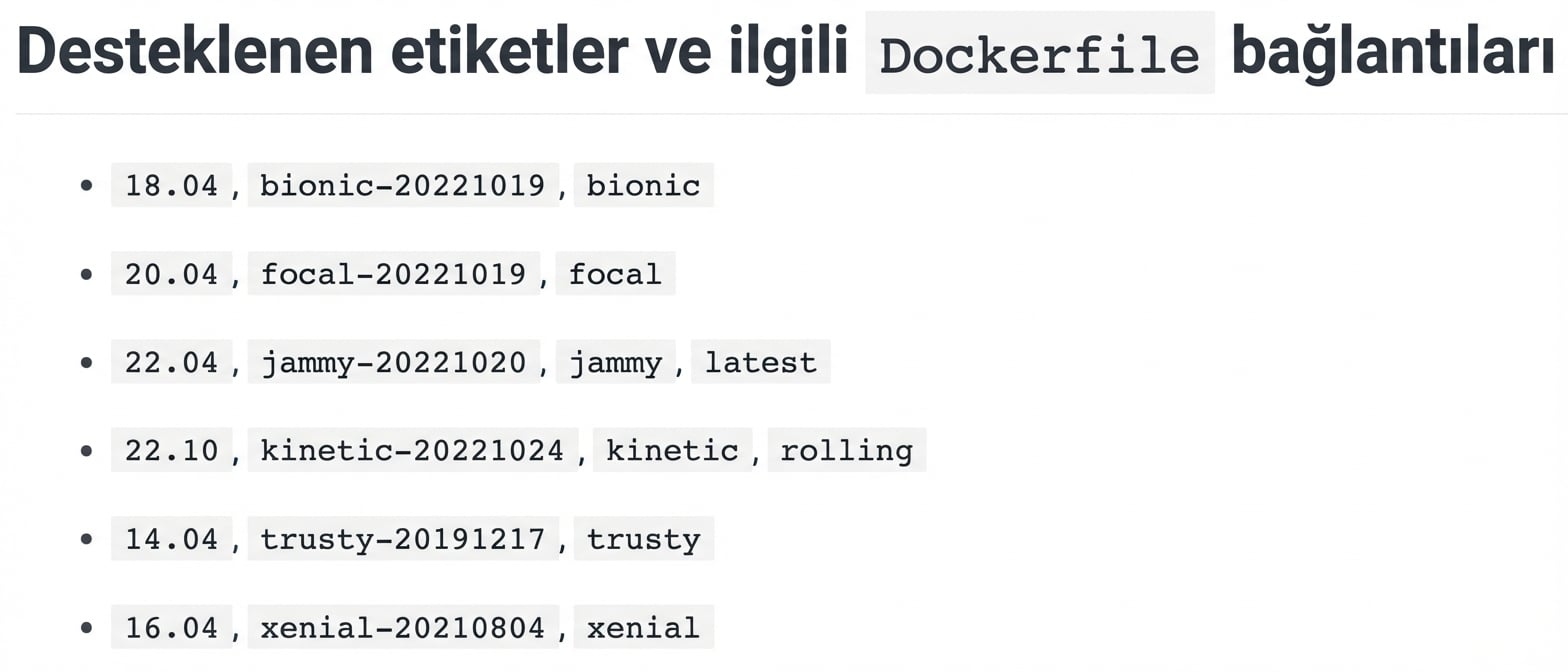 Docker imajlarının birden çok sürümü (tag) vardır; örnekte ubuntu’nun 6 sürümü gösteriliyor. Örn. 18.04, ayrıca bionic etiketiyle.